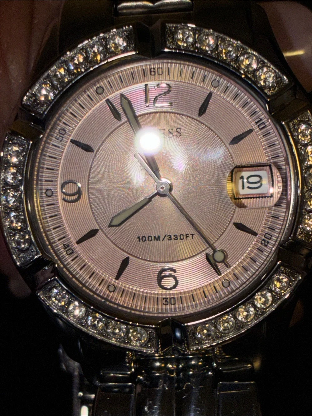 GUESS Silver Bracelet Watch with Pink Dial and Crystal Bezel-PARTS